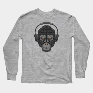 Cartoon Gorilla Head with Headphones Long Sleeve T-Shirt